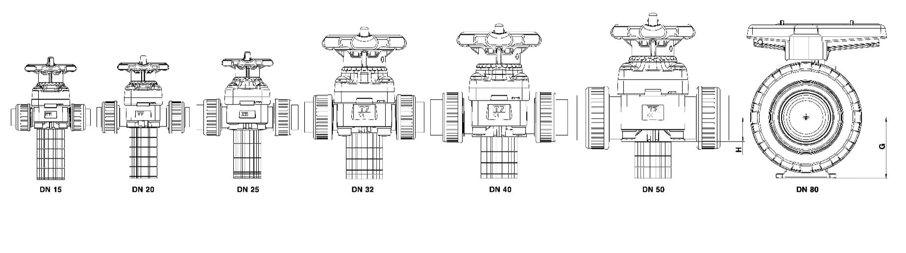 Praher T4 Series 2-Way Diaphragm Valves - diagram showing the different sizes